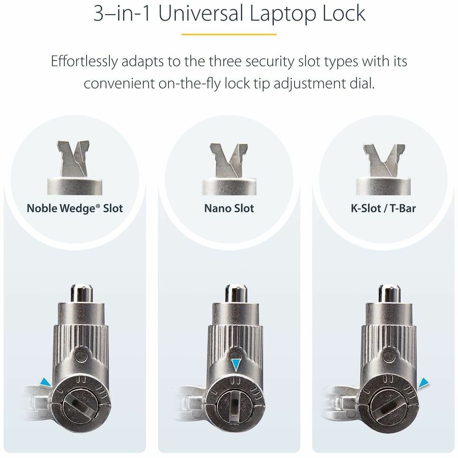 StarTech.com 3-in-1 Universal Laptop Lock 6.6ft, Master Keyed Locking Cable, Security Cable, Compatible w/Noble Wedge®/Nano/K-Slot StarTech.com 3-in-1 Universal Laptop Lock 6.6ft, Master Keyed Locking Cable, Security Cable, Compatible w/Noble Wedge®/Nano/K-Slot